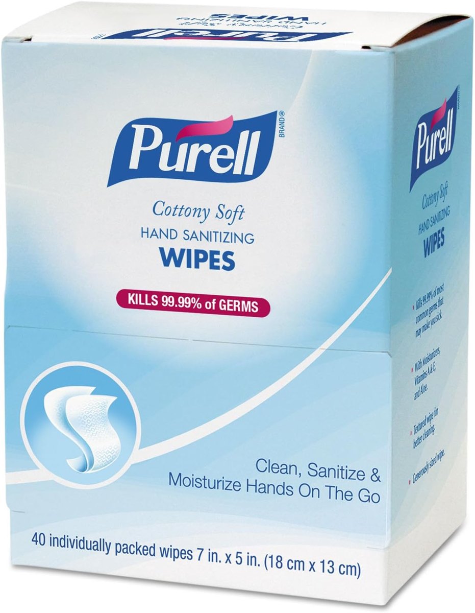 PURELL Cottony Soft Hand Sanitizing Wipes, Individually Wrapped, 40 Individually Packed Sanitizing Wipes in Self Dispensing Display Box (Case of 12)