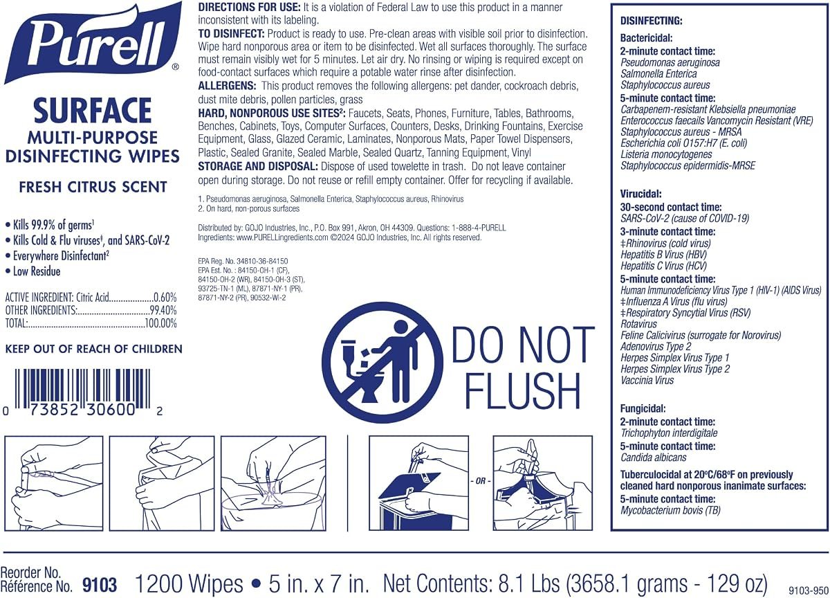 PURELL Surface Multi-Purpose Disinfecting Wipes, 1200 Count Refill (Pack of 2), view 2