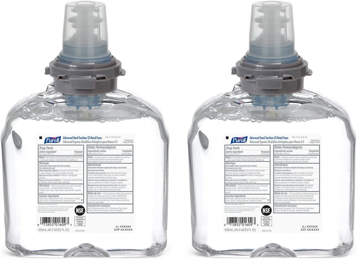 PURELL TFX Advanced Hand Sanitizer E3-Rated Foam, Fragrance Free, 1200 mL Sanitizer Refill for PURELL TFX Touch-Free Dispenser (Pack of 2)